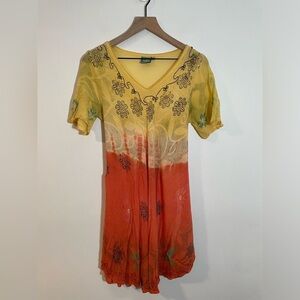 Aremar Dominican Republic Boho Embroidered Yellow Orange Free Size Dress